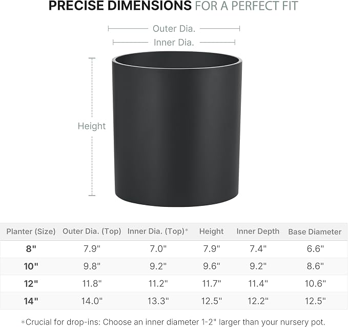 FaithLand 8 Inch Fiberstone Planter - Lightweight Modern Cylinder Plant Pot with Drainage Hole & Plug, Indoor Outdoor Use, Matte Black