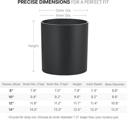 FaithLand 8 Inch Fiberstone Planter - Lightweight Modern Cylinder Plant Pot with Drainage Hole & Plug, Indoor Outdoor Use, Matte Black