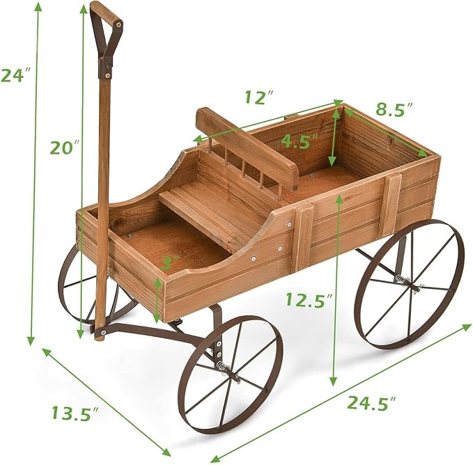 DORTALA Wood Wagon Planter, Outdoor Garden Flower Planter Cart with Wheels, Small Decorative Wood Raised Bed Plant Pot Box Stand for Backyard, Patio, Balcony, Natural