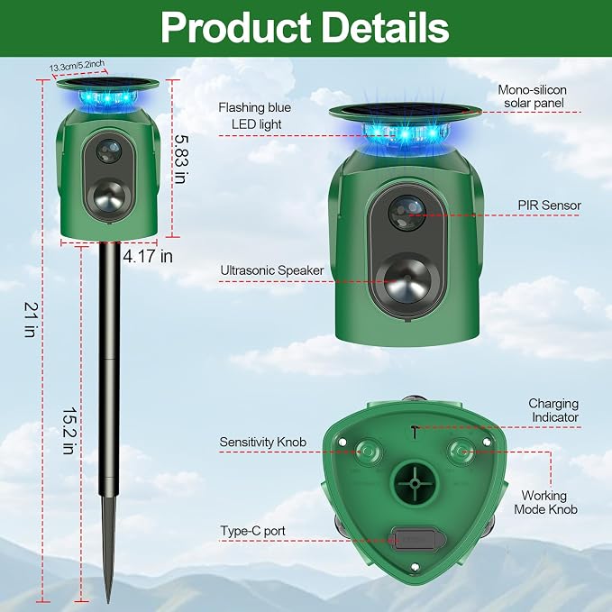 Upgraded Solar Ultrasonic Animal Repellent,360° Cat Repellent Outdoor with Motion Sensor,IP65 Waterproof Dog Repeller with Flash Light to Drive Away Rabbit Deer Squirrel Skunk for Yard Garden Lawn
