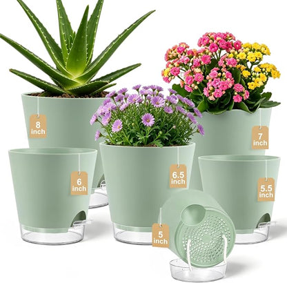 QRRICA 5/5.5/6/6.5/7/8 inch Self Watering Pot Set, Visible Water Level Planter with Transparent Reservoir & Drainage Holes, Plastic Flower Pots with Cotton Rope for Indoor/Outdoor Use (Green)