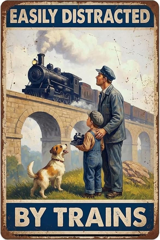 Easily Distracted by Trains Tin Sign – Train Decor for Boys Room and Men – Vintage Train Wall Decor for Train Room or Man Cave – 8x12 Inch Metal Sign