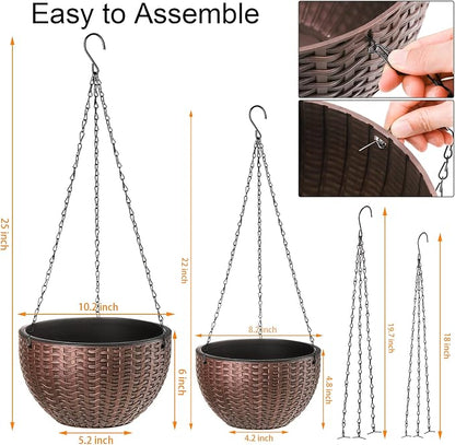 Foraineam 2-Pack Dual-pots Design Hanging Basket Planters Self-Watering Indoor Outdoor Plant & Flower Hanging Pots with Drainer and Chain, 2 Size Assorted