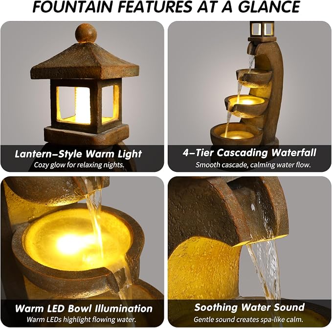 35.4" Outdoor Water Fountain, 3 Tier Bowl Cascading Freestanding Water Fountain, Outdoor Fountain with LED Lights, Lantern Style Garden Water Feature, Suitable for Patio Yard Porch, Brown