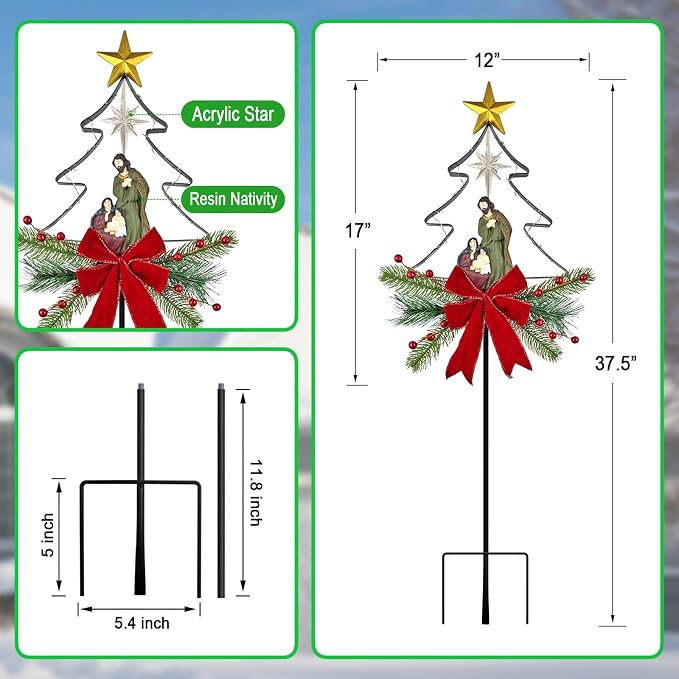 Solar Powered Nativity Scene Christmas Tree Stake Outdoor Christmas Decorations with Fairy Lights Garden Decor for Outside