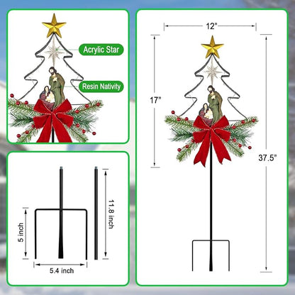 Solar Powered Nativity Scene Christmas Tree Stake Outdoor Christmas Decorations with Fairy Lights Garden Decor for Outside