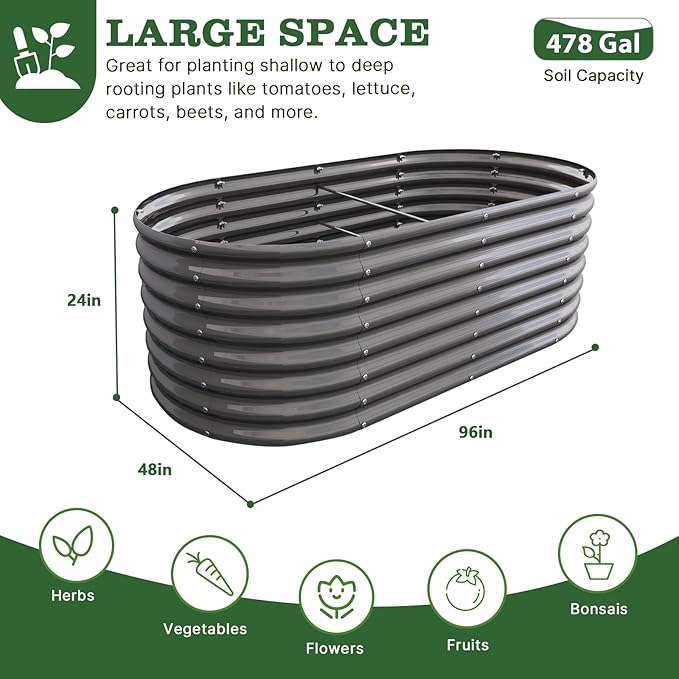 A ANLEOLIFE 8x4x2ft Galvanized Raised Garden Bed Kit, Oval Metal Deep Root Planters for Outdoor Plants Vegetables Flowers Herb, Large Bottomless, 478 Gallon Capacity- Quartz Grey