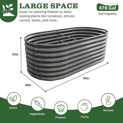A ANLEOLIFE 8x4x2ft Galvanized Raised Garden Bed Kit, Oval Metal Deep Root Planters for Outdoor Plants Vegetables Flowers Herb, Large Bottomless, 478 Gallon Capacity- Quartz Grey