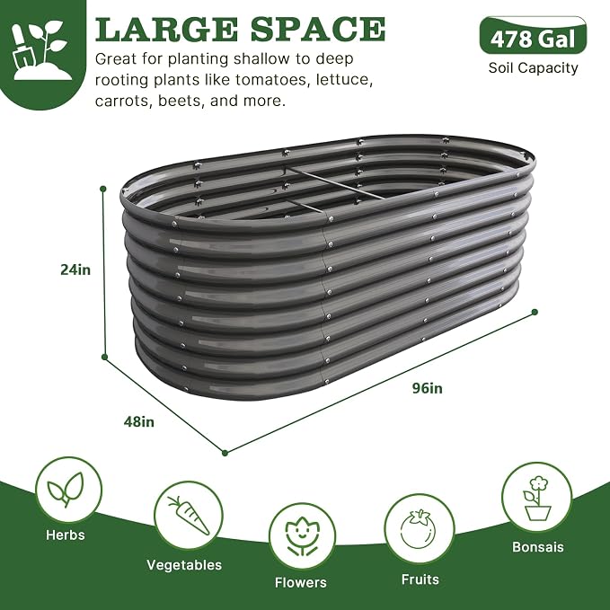 A ANLEOLIFE 8X4X2 ft Galvanized Raised Garden Beds Outdoor, Oval Large Metal Deep Root Planter Box for Planting Vegetables Flowers Herb, Anti-Rust & Easy-Setup, Quartz Grey