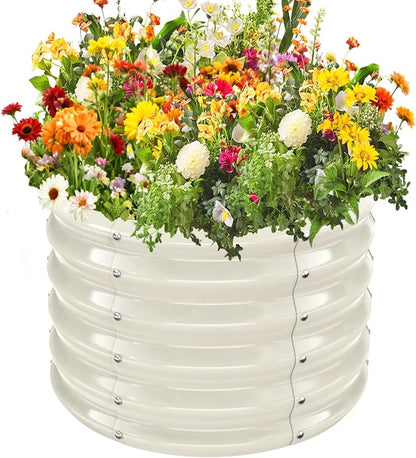 YSEJOMP 17" Tall 24" Diameter Round Raised Garden Bed Kits Outdoor White | 1.5 FT Tall,2FT Planter Bed for Flowers,Herbs,Vegetables,Trees,0.8MM Thick Galvanized Metal Painted,with Gloves,Tool free