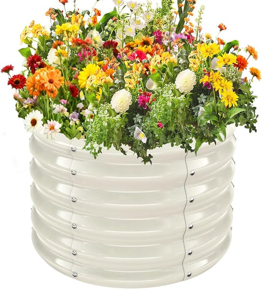 YSEJOMP 17" Tall 24" Diameter Round Raised Garden Bed Kits Outdoor White | 1.5 FT Tall,2FT Planter Bed for Flowers,Herbs,Vegetables,Trees,0.8MM Thick Galvanized Metal Painted,with Gloves,Tool free