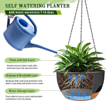 Hanging Planters for Outdoor Indoor Plants, 2 Pack 10 Inch Hanging Basket Plants Outdoor, Self Watering Hanging Planter with Plant Hanger for Garden Home Decoration (Black, 10 inch)