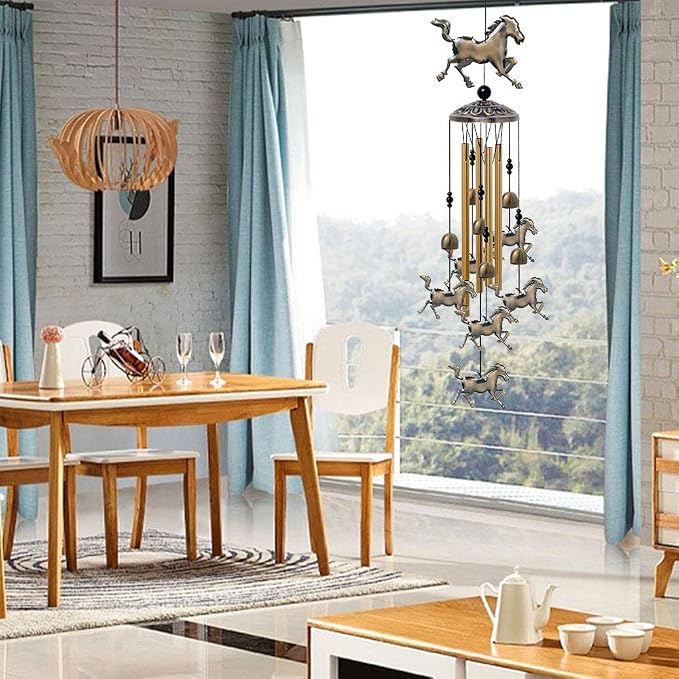 Horse Wind Chimes Decor - 35 Inch Pure Hand-Made Metal Musical Wind Bells with 4 Aluminum Tubes 6 Bells 7 Horses Mobile Wind Catcher Romantic Wind Chime for Home, Festival, Indoor/Outdoor Decoration