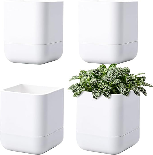 Phoenix Vine 4.5 Inch Wall Mounted Self-Watering Planter Pot for Indoor Houseplants and Herbs | Hanging Planter for Window Sills, Bathroom Walls, Home & Office Décor, White, Set of 4, 01-B-D-4