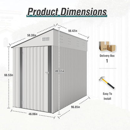 KEIKI 4' x 8' Outdoor Storage Shed with Single Hinge Door, All Weather Metal Lean to Shed with Vents, Garden Tool Shed for Bike,Toy, Garbage Can, White