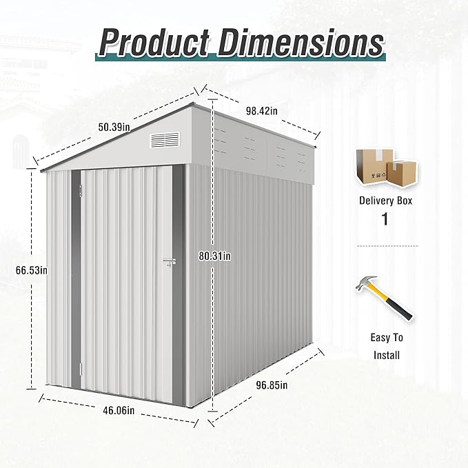YOPTO 4x8 FT Lean to Shed, Outdoor Metal Storage Sheds with Lockable Door,Garden Tool Shed with Sloping Roof for Backayrd, Patio,Lawn,White