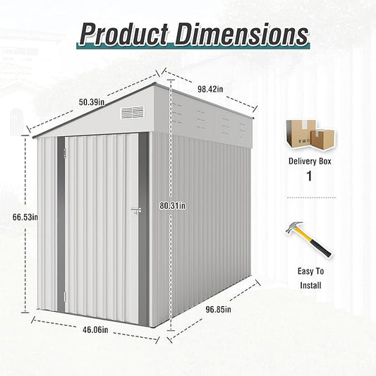 YOPTO 4x8 FT Lean to Shed, Outdoor Metal Storage Sheds with Lockable Door,Garden Tool Shed with Sloping Roof for Backayrd, Patio,Lawn,White