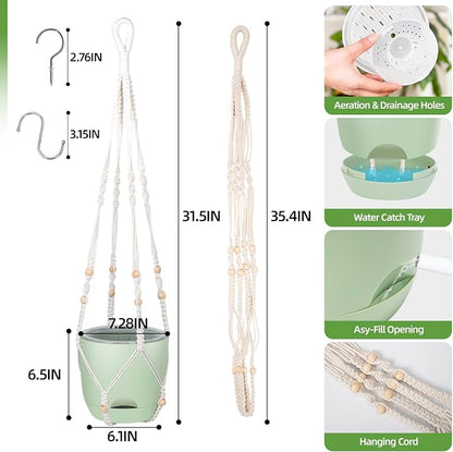 QCQHDU 2-Pack 7.1-Inch Macrame Self-Watering Hanging Planters, Pure Green | Small Plant Pots, Indoor & Outdoor, With Drainage, Two Sets of Hooks