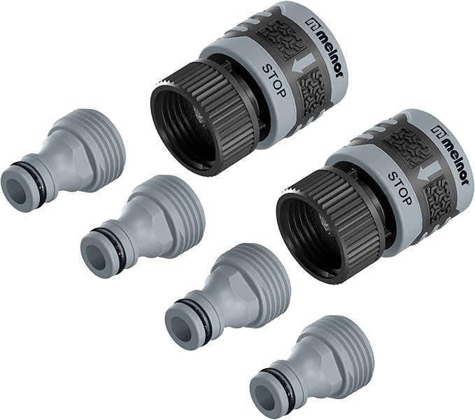 Melnor 65175AMZ 6 Piece Quick Connect Starter Set Connector Bundle, Product Adapter, Product End Connector, Black, Grey