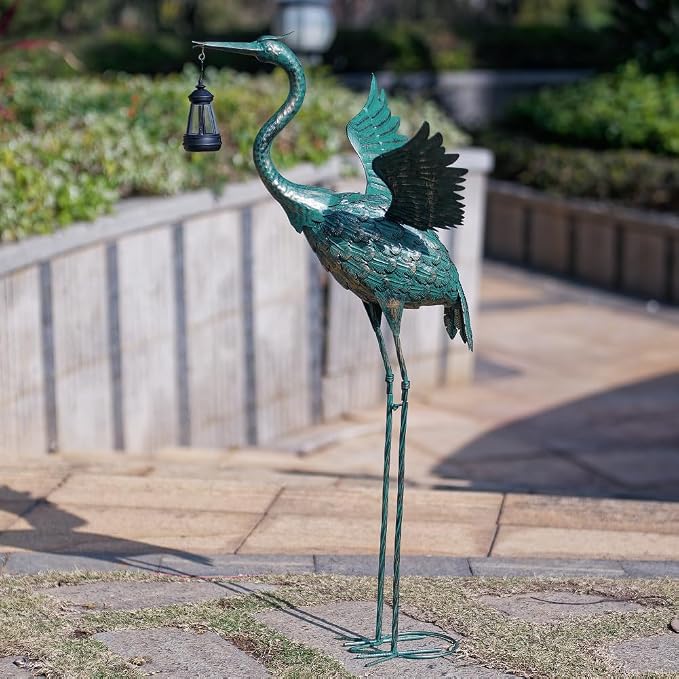 DREAMSOUL Heron Garden Statues 40.5 Inch Tall Crane Bird Statue, Standing Solar Outdoor Statues for Patio Pool Lawn Decoration
