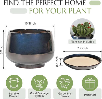 10.3 Inch Flower pots for Indoor Outdoor Plants with Saucer Drainage Leak-Proof Mesh, Ceramic Planter with Gardening Gloves for Succulent and Flower(Metallic Black)