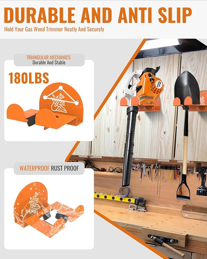 Weedeater Rack & Snow Shovel Hanger - 2 Pack - 180LB Heavy-Duty Alloy Steel Wall Mount Set for Winter Gear, Stihl Power Tools, Grass Trimmer, Garden Tools, Space-Saving Storage for Garage, Shed
