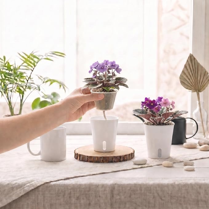 10 Pack 3" Self Watering Small White Plant Pots for Indoor Plants, Clear Inner Cup, Water Level Indicator, Drainage Holes & Wick, for Cuttings, Seedlings, Herb, African Violet