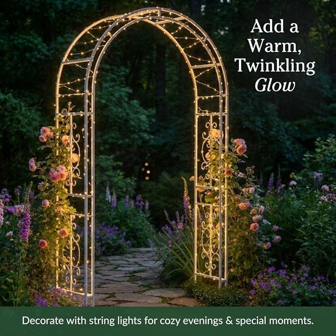 Plow & Hearth Arch Metal Outdoor Garden Arbor Montebello White, 7 Feet Tall, Iron Trellis Lattice for Climbing Plants, Wedding Arch, Outdoor Patio Décor