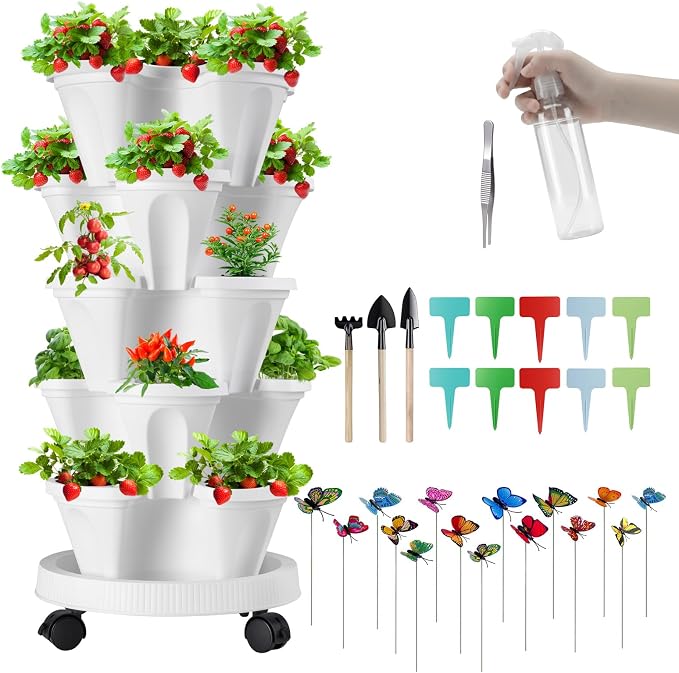 GameXcel Vertical Planter, 5 Tier Stackable Strawberry Planter with Garden Tool Set, Movable Indoor/Outdoor Garden Herb Pot for Growing Vegetables and Succulents, White