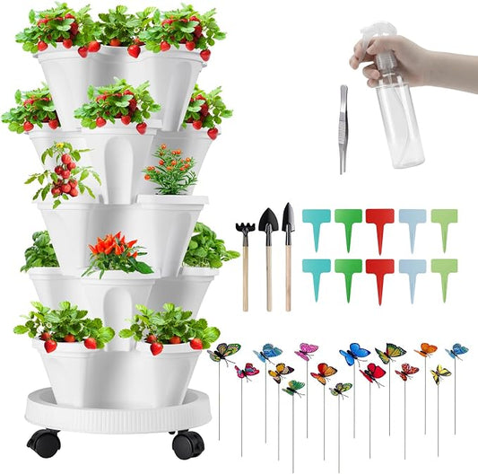 GameXcel Vertical Planter, 5 Tier Stackable Strawberry Planter with Garden Tool Set, Movable Indoor/Outdoor Garden Herb Pot for Growing Vegetables and Succulents, White