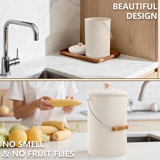 1.7 Gal Kitchen Compost Bin with Smell Proof Lid,Odorless Bin for Indoor Countertop,100% Rust Proof Compost Bucket with Non-Smell Charcoal Filter,Easy Cleaning and Looks Great On Any Kitchen Counter