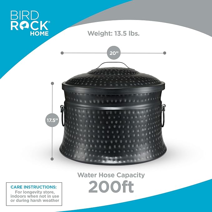 BIRDROCK HOME Decorative Water Hose Holder Pot with Lid | Holds 200ft Hose | Hammered Charcoal Exterior | Ground Garden Hose Box | Handles | Metal Hider | Outdoor or Indoor Use