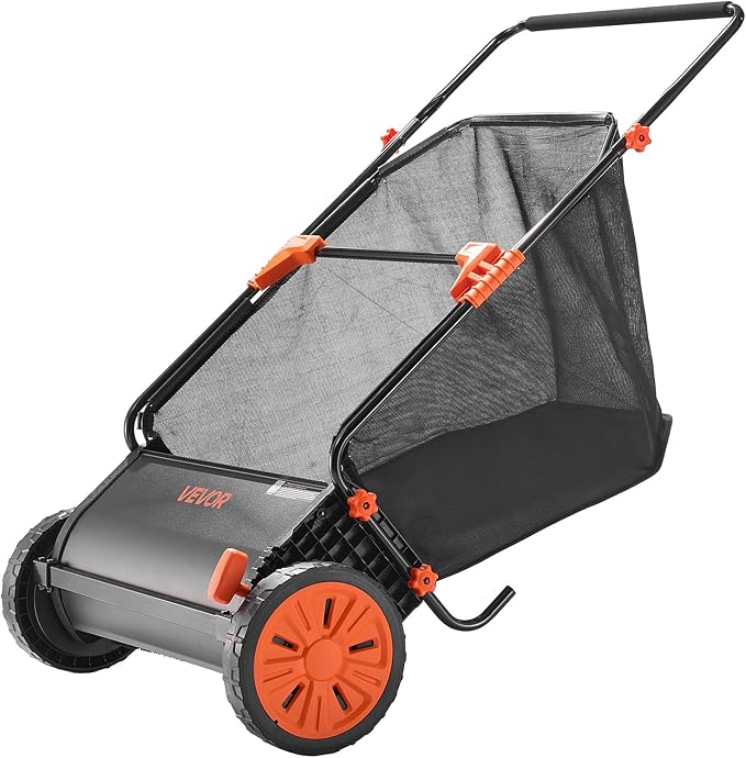 VEVOR Push Lawn Sweeper 30 in Leaf & Grass Collector 12 cu. ft. Hopper Bag | Heavy Duty Yard Sweeper with Adjustable Brush Height, Spinning Brushes, Rubber Wheels for Leaves Grass Cleanup, Black/Orange