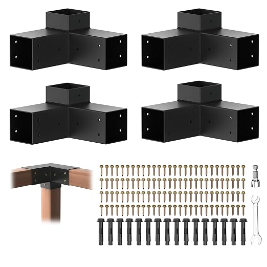 Pergola Brackets, 3-Way Pergola Kit for 4"x 4" (Actual 3.5" X 3.5") | Heavy Duty, Durable & Weather-Resistant Construction, Right Angle Corner Bracket with Black Powder Coated (4Pcs 3-Way)