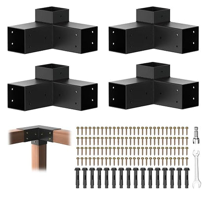 Pergola Brackets, 3-Way Pergola Kit for 4"x 4" (Actual 3.5" X 3.5") | Heavy Duty, Durable & Weather-Resistant Construction, Right Angle Corner Bracket with Black Powder Coated (4Pcs 3-Way)