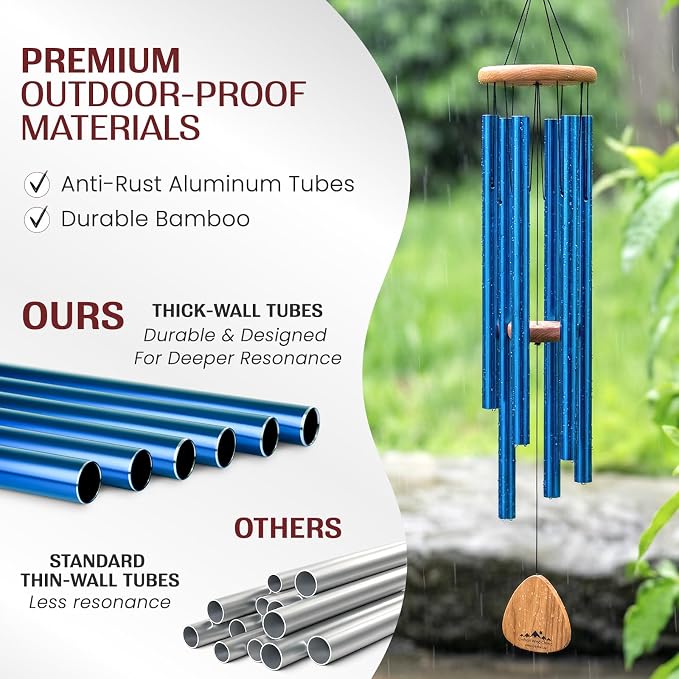 Blue Wind Chimes for Outside Deep Tone, 41 Inch Hand Tuned B Major Pentatonic Alto Wind Chime with Decorative Kindness Stone, Outdoor Garden Patio Porch Decor, Meaningful Sympathy Memorial Gift