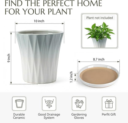10 Inch Ceramic pots for Plants with Saucer Drainage Leak-Proof Mesh, Round Plant Pot with Gardening Gloves for Indoor Outdoor Plants (Rippled Grey)