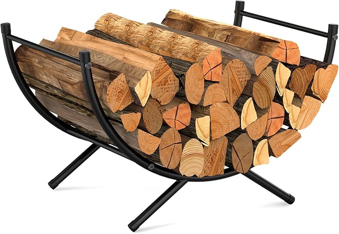 NANANARDOSO Curved Firewood Rack，24 inches Powder-coated Metal Fireplace Log Holder for Firewood Storage，Ideal for Indoor and Outdoor Fireplaces Wood Storage，Black