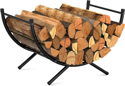 NANANARDOSO Curved Firewood Rack，24 inches Powder-coated Metal Fireplace Log Holder for Firewood Storage，Ideal for Indoor and Outdoor Fireplaces Wood Storage，Black