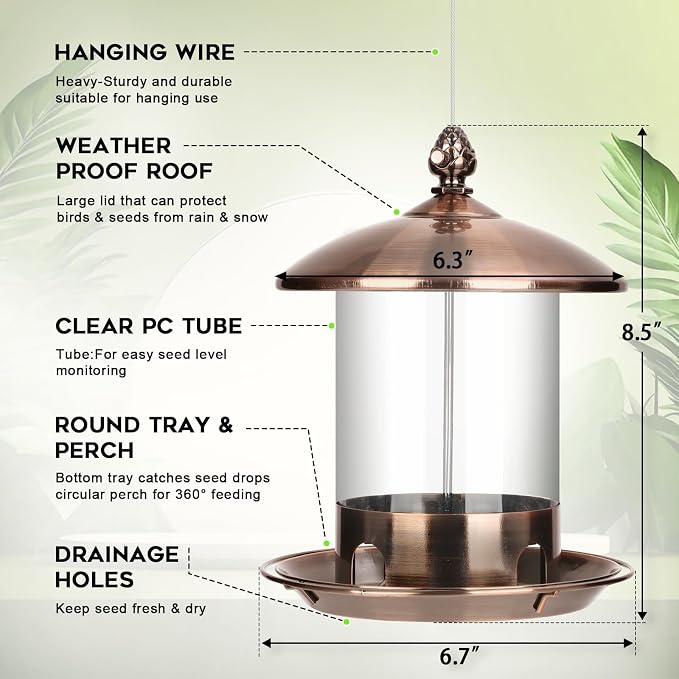 Gbekery Metal Bird Feeders for Outdoors Hanging, Weather Resistant Wild Bird Feeder with 360 Degree Feeding Tray, Copper