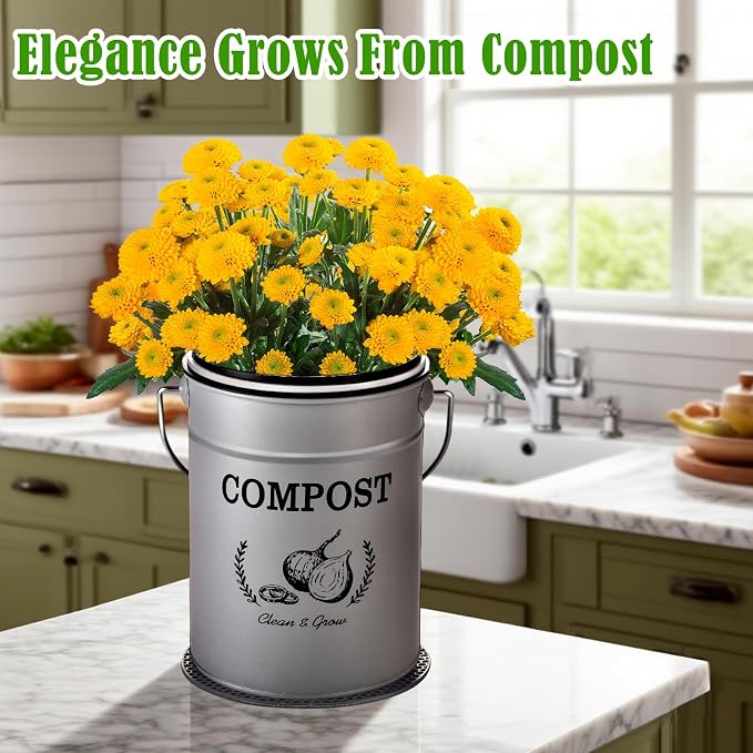AOSION 1 Gallon Countertop Compost Bin for Kitchen with Lid,Odor Resistant | Farmhouse compost bin with charcoal filter,inner bucket and bags,easy kitchen food waste storage