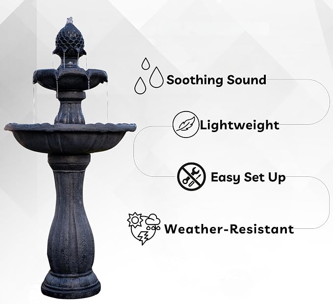 XBrand 44" Solar Powered Outdoor Fountain, Elegant 2-Tier Cascading Water Feature, Fiberglass Resin Garden & Patio Fountain with Solar Panel - Black