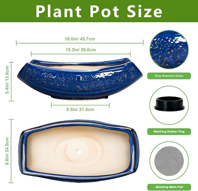 Bonsai Pots - 18 Inch Large Ceramic Succulent Pots for Indoor Outdoor, Bonsai Planter with Drainage Hole, Ceramic Flower Pot, Decorative Plant Pot, Gifts for Plant Lovers, Office Decor, Blue