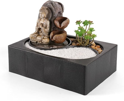 WICHEMI Waterfall Fountains Indoor Water Fountain Tabletop Fountain Zen Garden Buddha Fountain with LED Warm Light for Office Home and Bedroom Desktop Decor