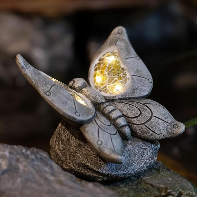 Rezpuao Garden Statue Butterfly,Solar Butterfly Decor for Outdoor,Resin Butterflies Figurine with Solar Light for Patio,Balcony,Yard,Lawn Ornament,Perfect Garden Gift
