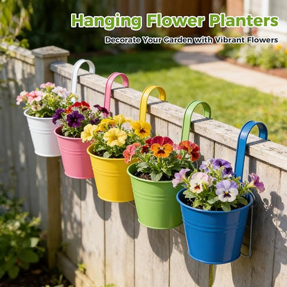 12 Pack Balcony Planters Railing Hanging, Colorful Railing Planter 5.2 Inches Plant Pots with Drainage Holes Hanging Plant Holder Indoor Hanging Planters