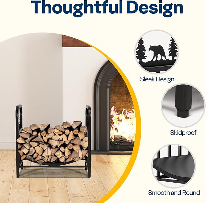 VIVOHOME 16.5 in Decorative Firewood Storage Log Rack with Bear Pattern, Solid Wrought Iron Fireplace Wood Holder Stacker, Indoor Outdoor Waterproof Rustproof