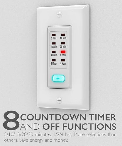 Fosmon Countdown Light Timer Switch for Bathroom, Heaters, 5-10-30-60 Min, 2-4 Hour Programmable in-Wall Timer Switch with 9 Settings 1875W, Neutral Wire Required, 2PACK, ETL Listed