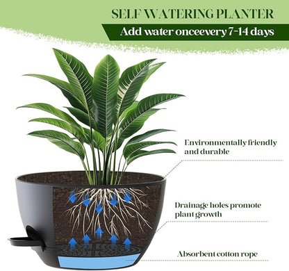 2 Pack 10 Inch Self Watering Hanging Planters for Indoor Plants, Large Black Plastic Hanging Pots with Chains for Outdoor Patio Garden Home Decor (Black)