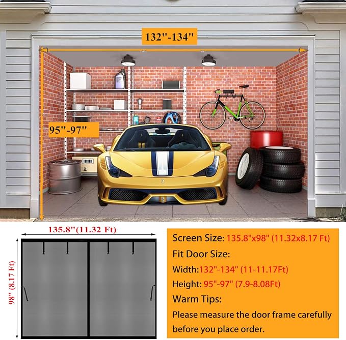 Magnetic Garage Door Screen 11x8ft for 1 Car, Hands Free Net Curtains, Retractable Fiberglass Doors Cover Closure for Garage Carport Patio Balcony Porch Gazebo Backyard Greenhouse RV (Black, 11x8ft)